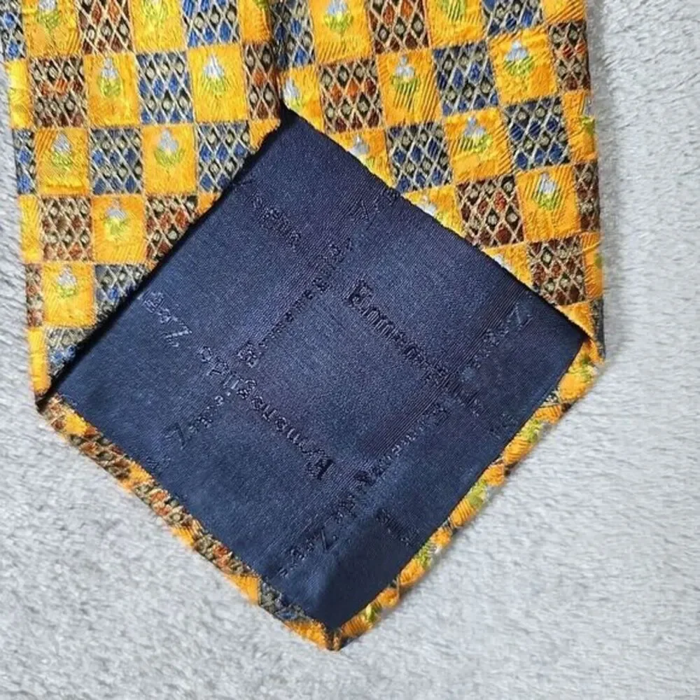 Ermenegildo Zegna Neck Tie‎ Mens Yellow Floral Check 100% Silk Made in Italy